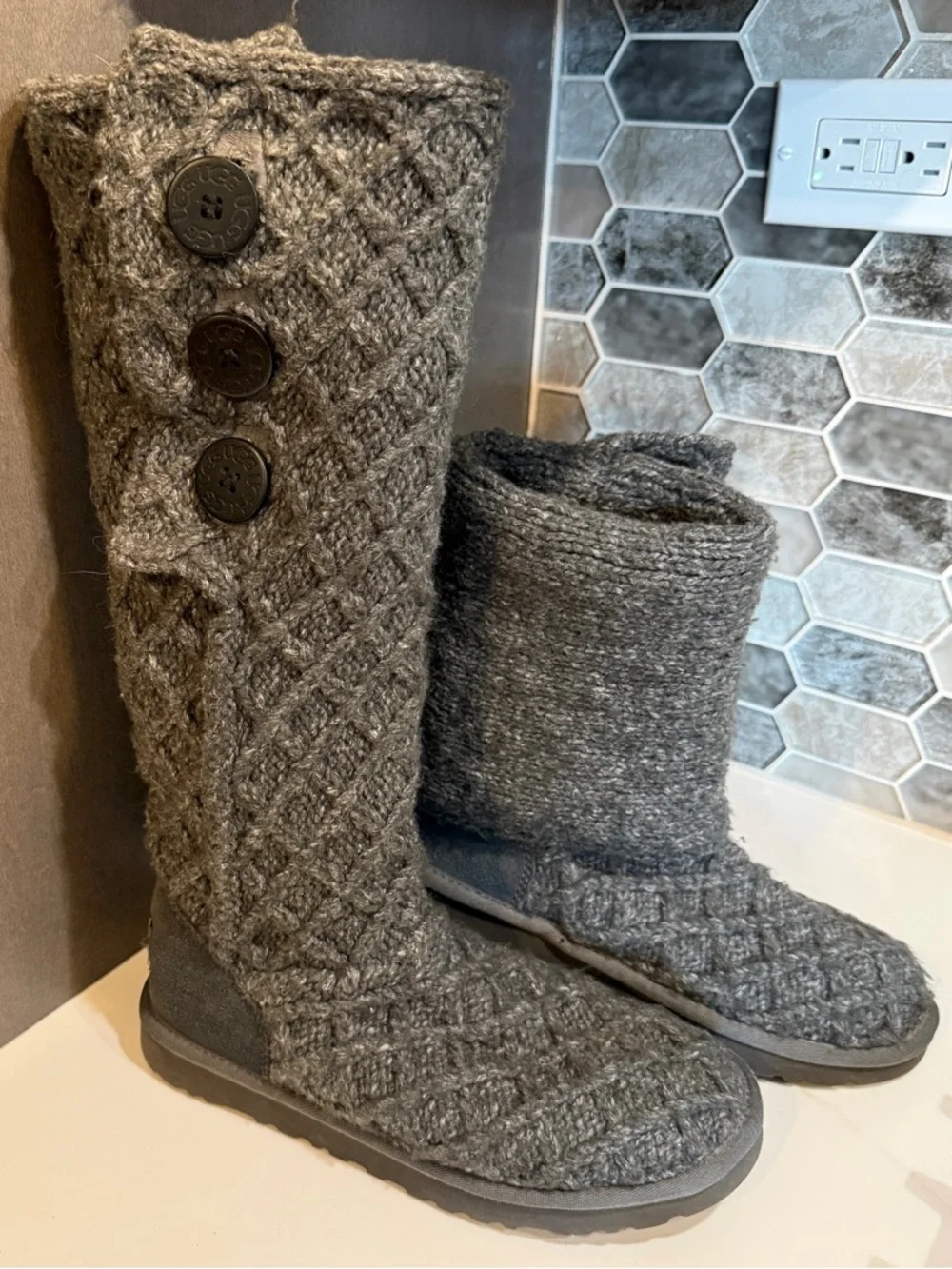 UGG Australia Women’s Grey Knit Mid-Calf High Ugg Boots, Sweater Cardigan Knit
